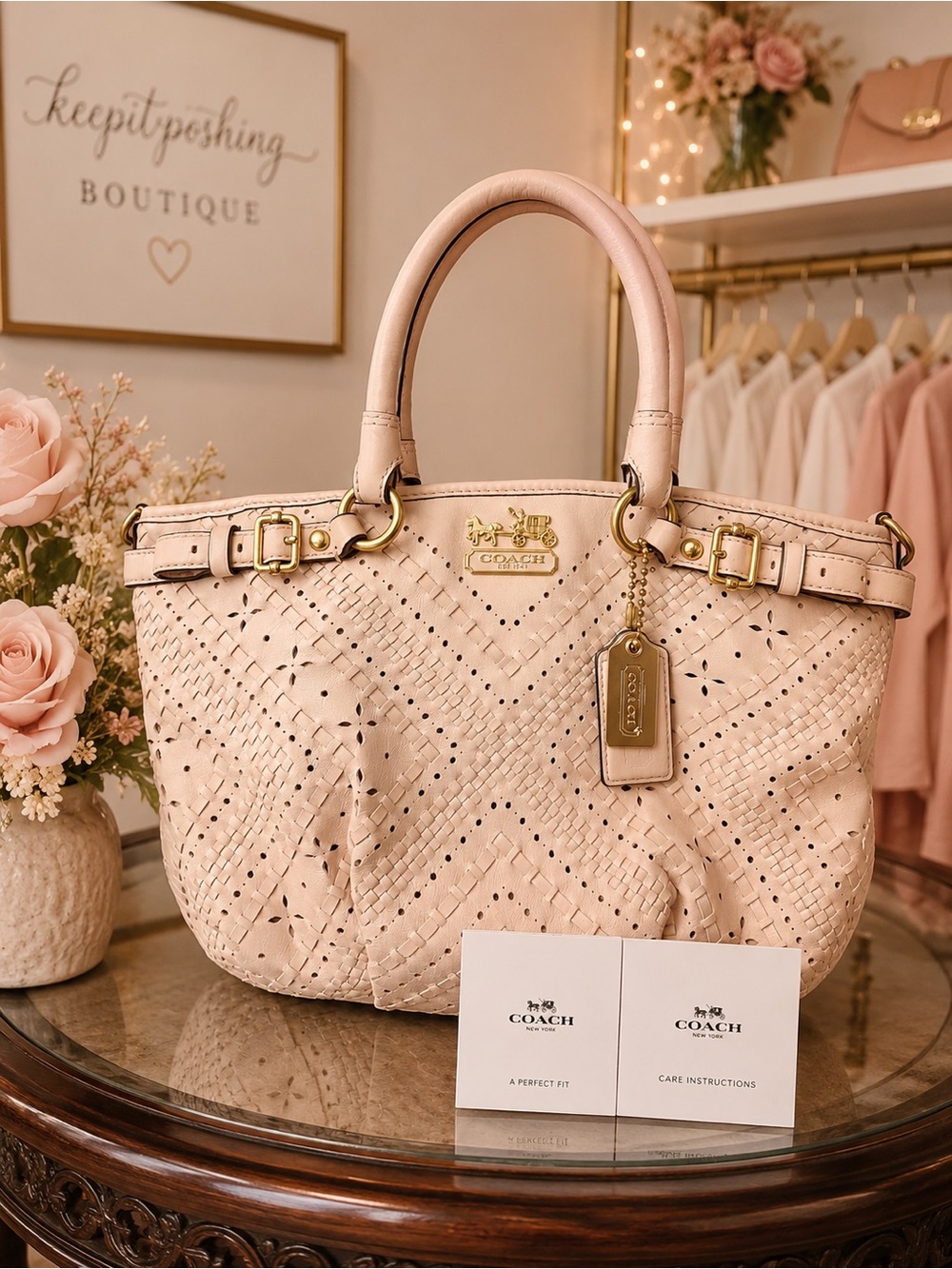 Coach Blush Pink Woven Leather Shoulder Bag with Gold Hardware - Picture 2 of 8